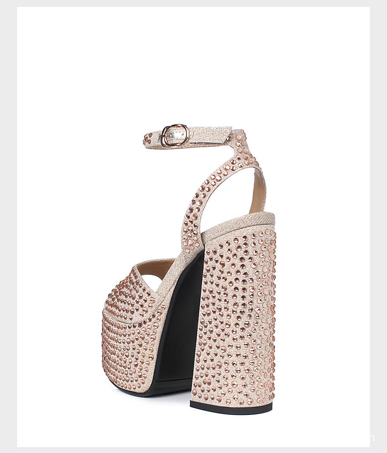 Sandal nữ siêu cao gót da thật đế dày chống trượt đính đá rhinestone gót 15 cm — Rượu sâm banh chi tiết 19