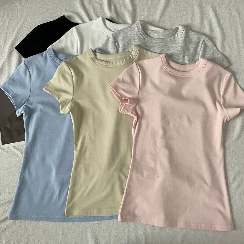 Bm Style American Right Shoulder Short-Sleeved T-Shirt for Women Summer New Round Neck with Short Slim Fit Tight Bottoming Shirt Top
