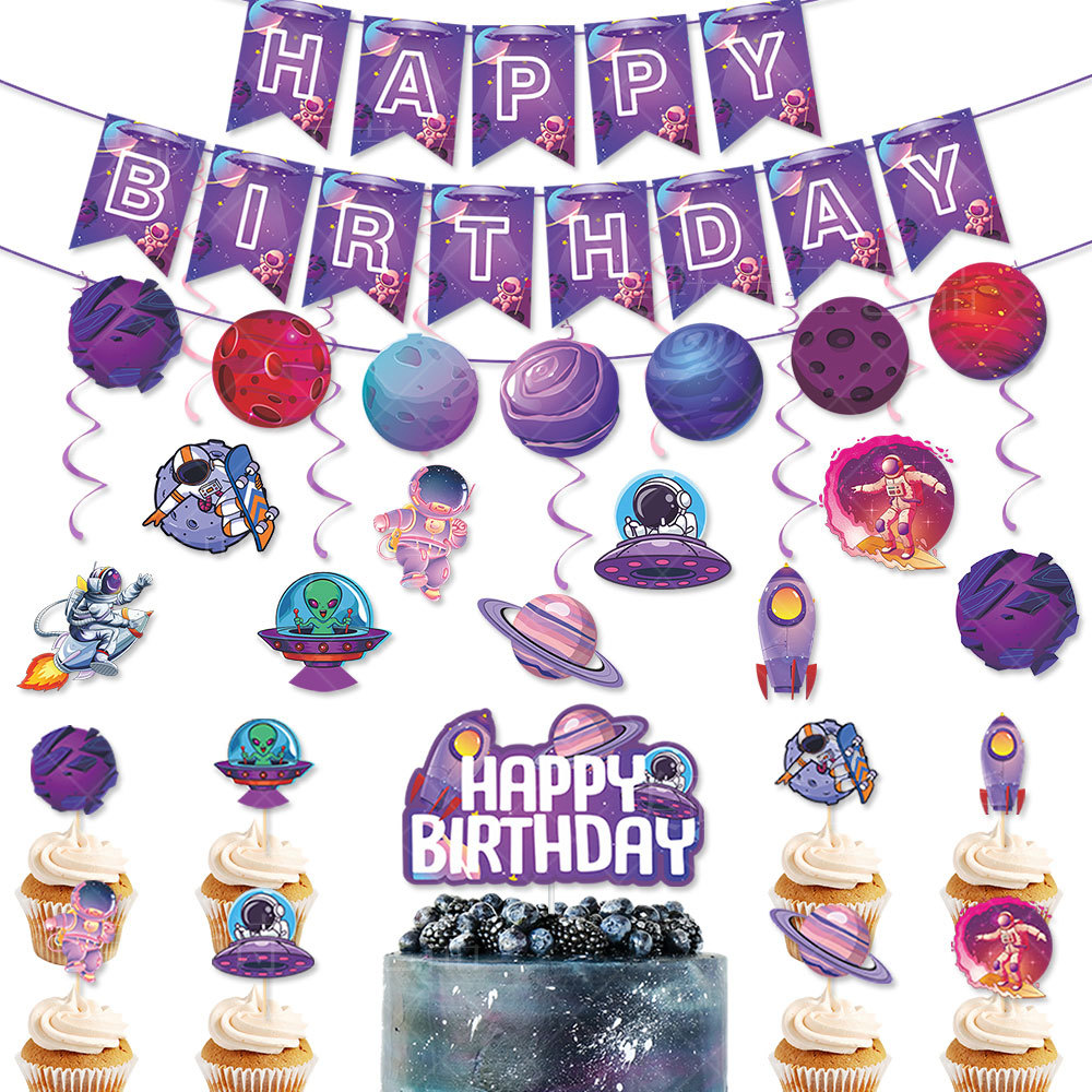 Nuevo espacio cielo estrellado tema fiesta de cumpleaños decoración traje cumpleaños tire bandera espiral colgante pastel tarjeta inserción