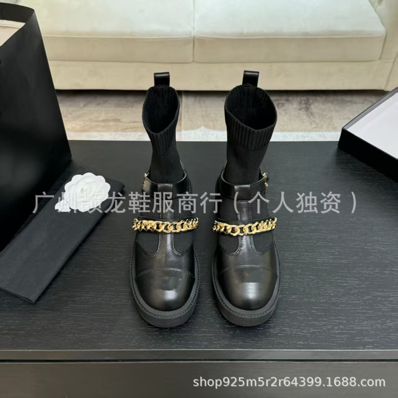 高端2025新款小香风真皮圆头金属扣链条厚底针织弹力瘦瘦靴短靴女|undefined