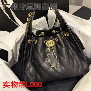 Shoulder bag with diamond pattern, one-shoulder bag, Chanel style, drawstring, chain bag, genuine leather