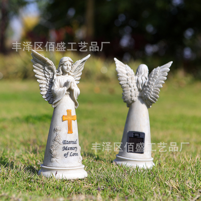 Oración retro transfronteriza ornamento de ángel cruz luminosa solar jardín al aire libre decoración estatua de resina