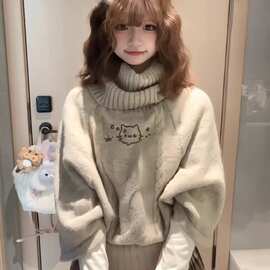 萌系麻花针织套头斗篷毛衣女秋冬宽松加厚高领设计感减龄中袖上衣
