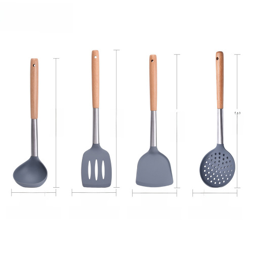 Stainless steel handle silicone kitchen tools, non-stick pan cooking spoons and spatulas, wooden handle silicone pot utensil set