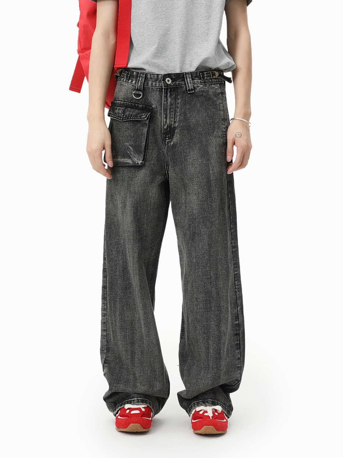 MTLCLOTHES Hombres| Nicho personalidad de diseño de bolso pequeño estilo rectas versátiles jeans lavados con agua