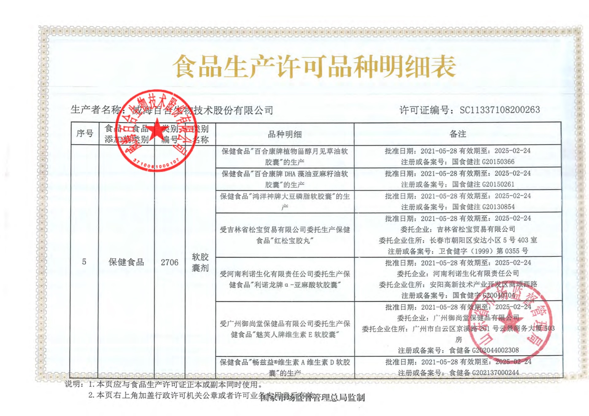 百合康牌DHA藻油亚麻籽油软胶囊、鸿洋神牌大豆磷脂软胶囊生产