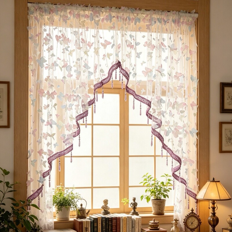 French-Style Half-Curtain, Vintage American-Style Partition Curtain, White Lace Embroidered with Crystal Tassels, No-Drill Arch Door Curtain French-Style Half-Curtain, Vintage American-Style Partition Curtain, White Lace Embroidered with Crystal Tassels, No-Drill Arch Door Curtain