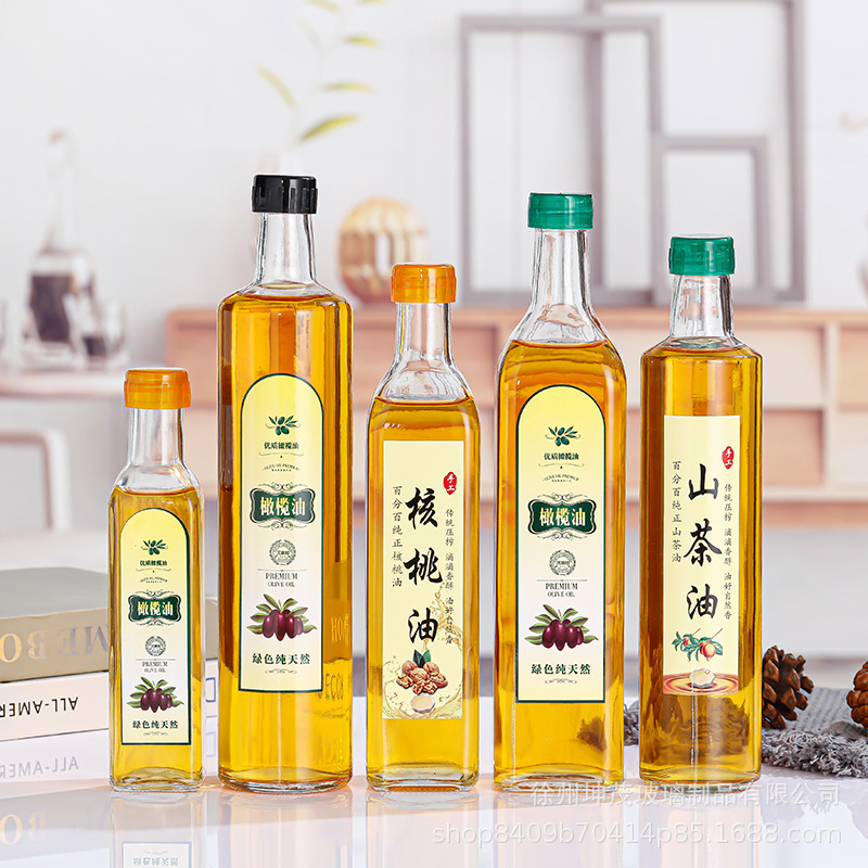 厂家批发透明茶色橄榄油瓶方形圆形玻璃油瓶核桃油山茶油瓶含盖