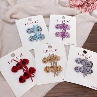 Korean Style New Leopard Print Love Suede Bow Pair Duck Clip Girl Children's Side Hairpin