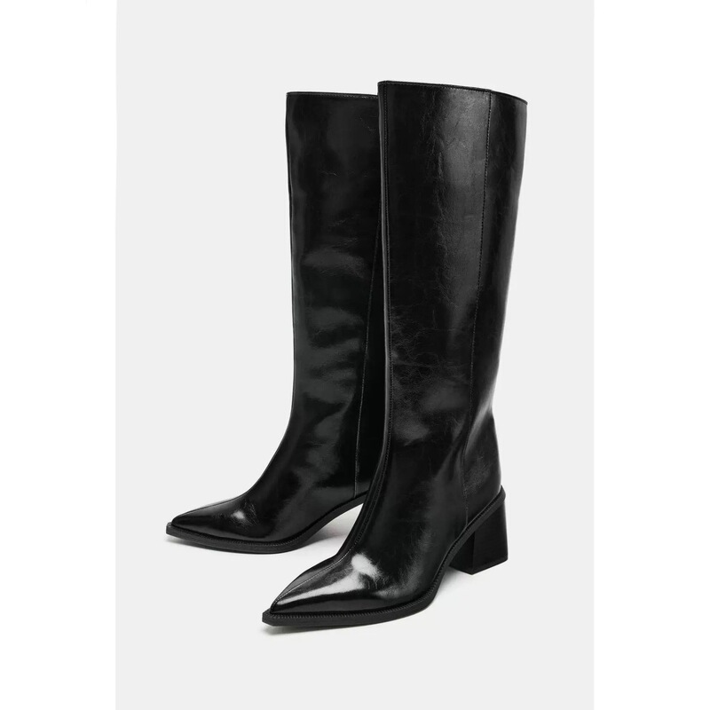 Cross-Border 2025 Autumn and Winter New Black Pointed Toe High-Heeled Fashion Leather Boots Thick Heel High Cowboy Boots Fashion Boots for Women