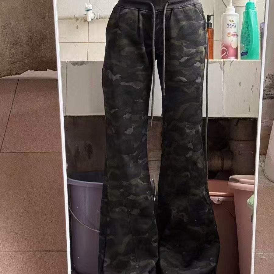 Plus Size American Retro Slim Casual Camouflage Flared Pants for Women, New Summer High-Waisted Drapey Slimming Wide-Leg Pants