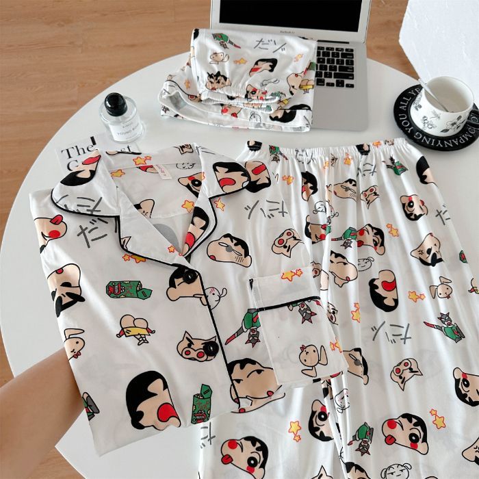 Pijamas de algodón de imitación de tres piezas 160G pantalones cortos de manga corta de verano para mujer