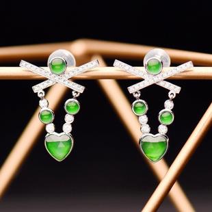 Natural A-Grade Jade Earrings for Women, Ice-Type, 18K Gold with Diamond Inlay, Egg-Shaped, Full Green, High-Quality Brand Supply, Ice-Clear