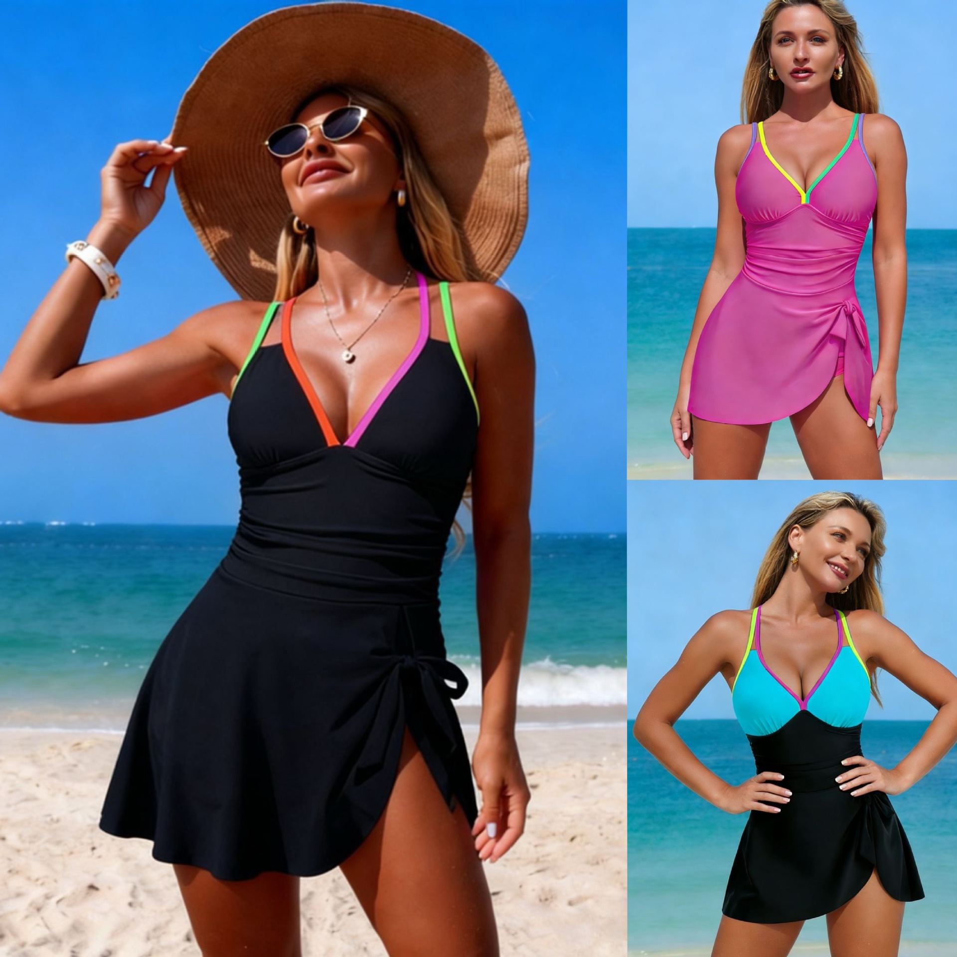 Luxe damesbadpak uit één stuk dat de buik afslankt en perfect is voor warmwaterbronnen, plus size, effen kleur, badjurk_voghion.com