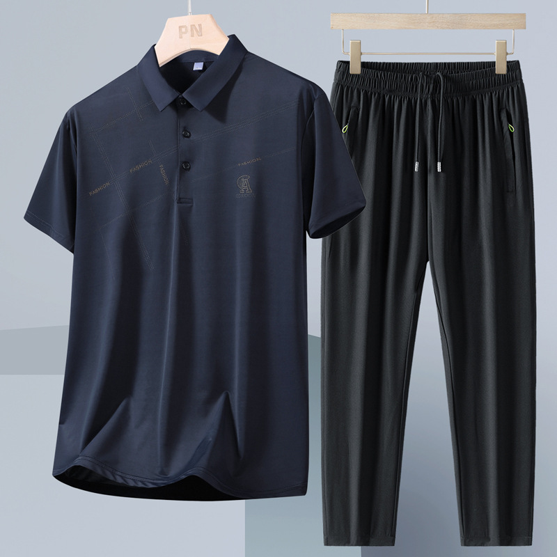 Verano, traje de hombre de seda de hielo, polo de manga corta para hombres de mediana edad, ropa de papá, ropa de negocios, pantalones casuales de secado rápido, dos piezas.