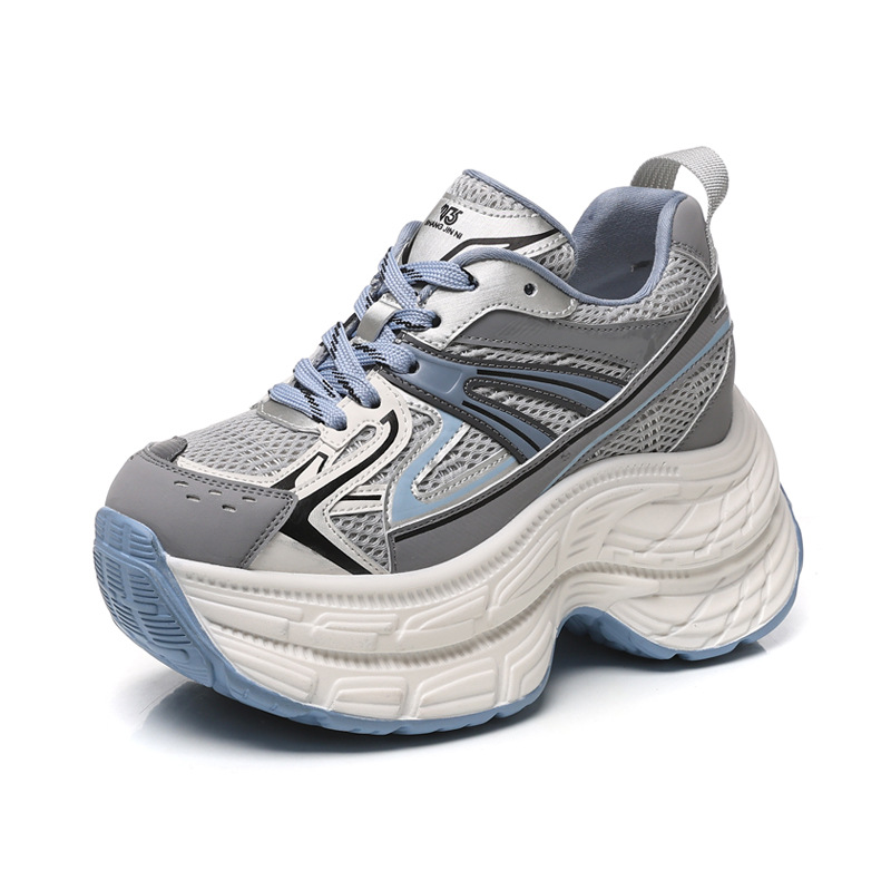 Giày sneaker nữ đế dày chunky lưới thoáng khí tăng chiều cao — màu xanh