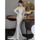 French Light Wedding Dress 2024 New Bride Simple Long-sleeved Off-shoulder Outgoing Yarn High-grade White Fishtail Dress