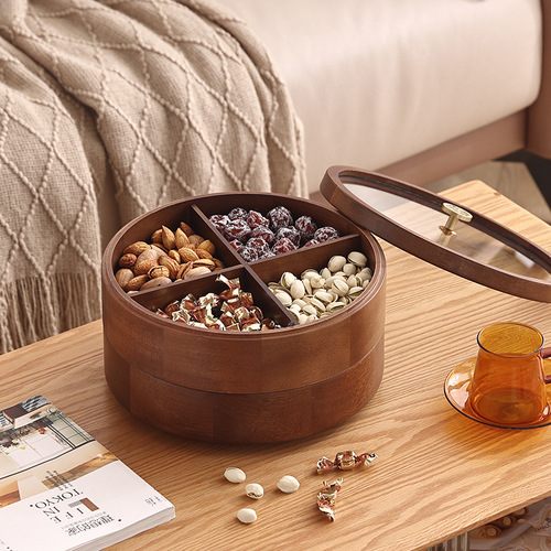 New Chinese-style solid wood fruit and nut box, candy box, household nut box, household divided compartment with lid snack melon seed storage box