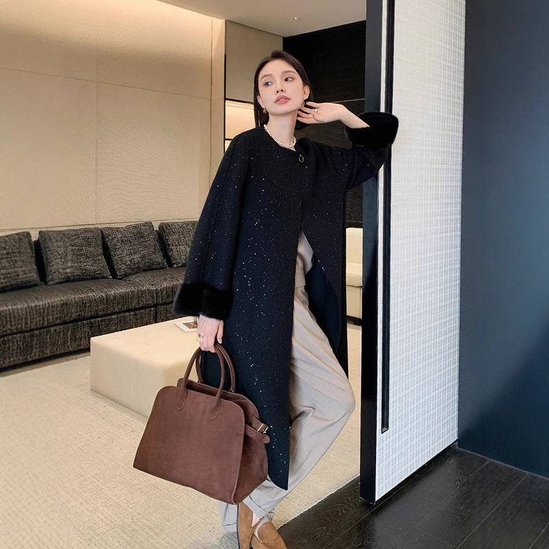 2024 autumn and winter new high-end sense sequined wool coat high-end double-sided cashmere coat women's mink fur cuffs 2024 autumn and winter new high-end sense sequined wool coat high-end double-sided cashmere coat women's mink fur cuffs