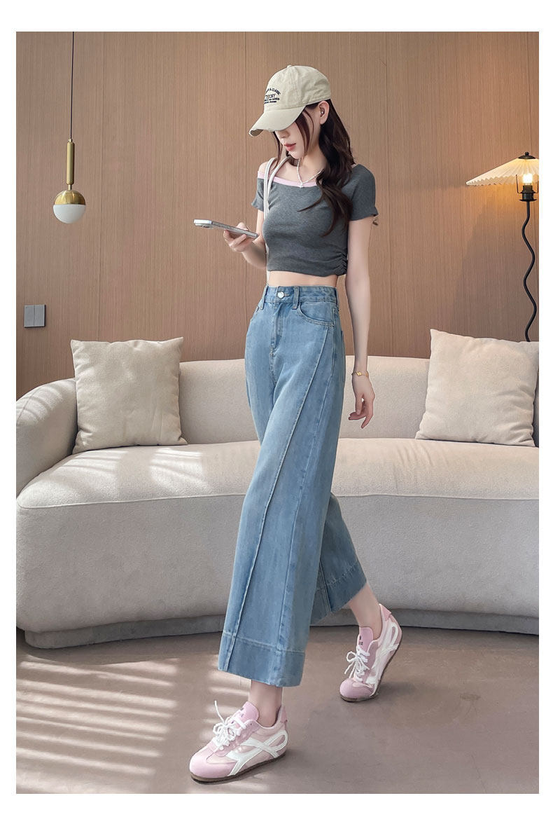Quần jeans ống rộng nữ dáng suông cạp cao ống suông 9 điểm — Màu xanh hoài cổ 9 điểm chi tiết 14