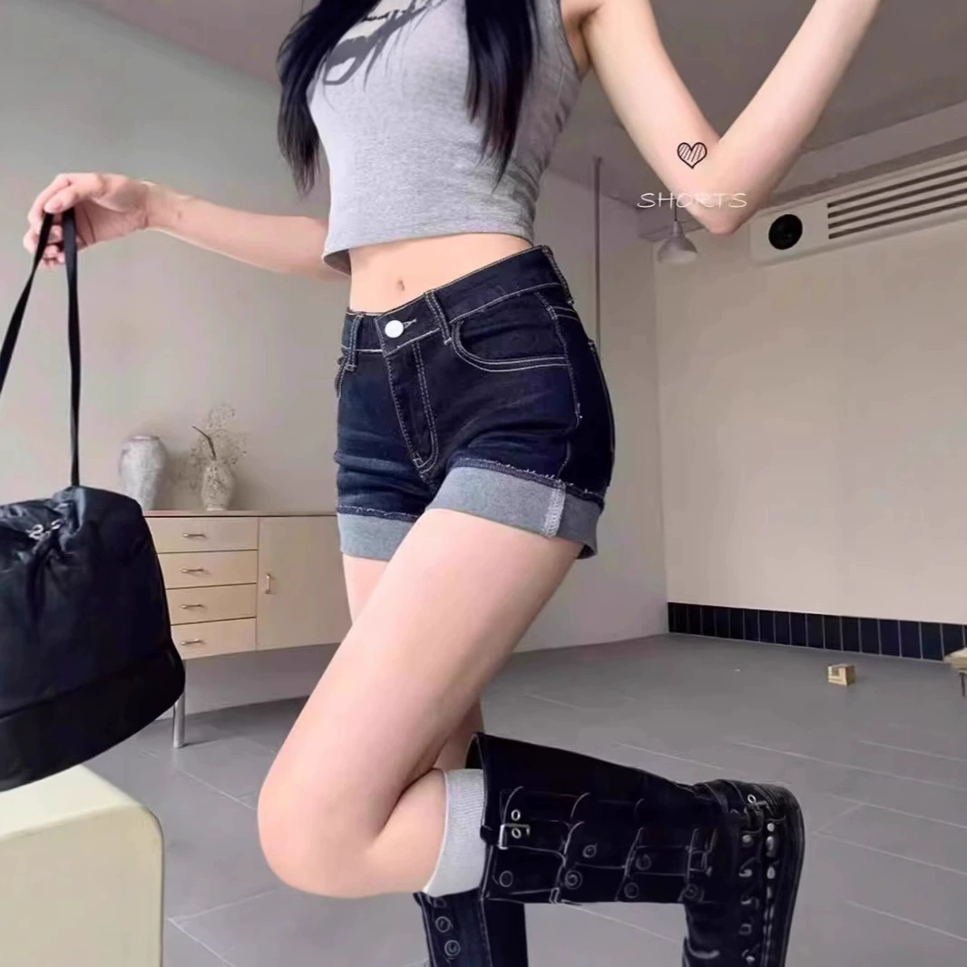 Темно-синяя дизайнерская джинсовая юбка с короткими шортами, летние sexy брюки, американский стиль, тренд сезона, высокая талия, A-силуэт