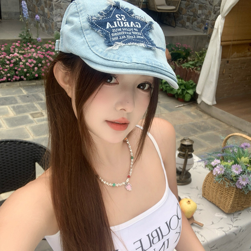 夏季新款字母星星贴片复古牛仔前进帽女大头围可调节鸭舌贝雷帽子