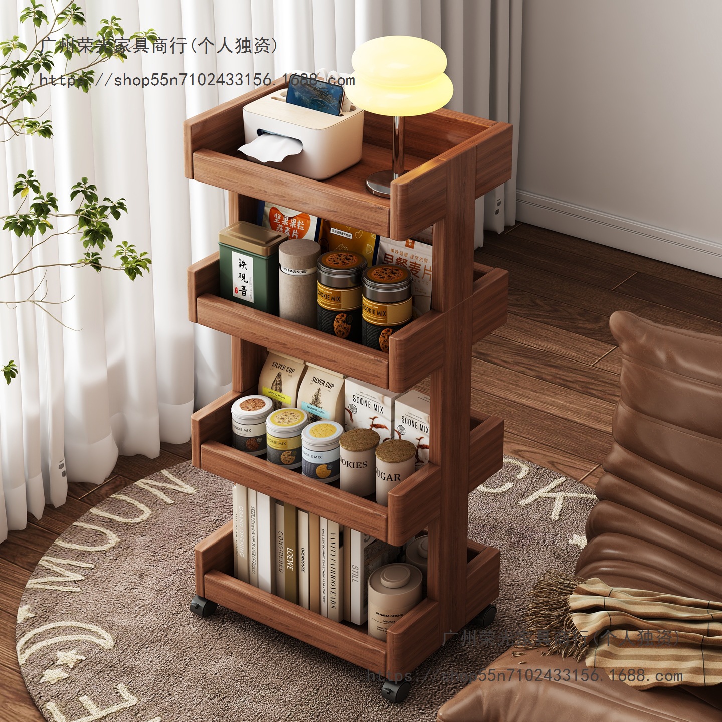 All Solid Wood Storage Rack Floor-Standing Wheeled Bookshelf Removable Simple Living Room Sofa Side Table Storage Rack