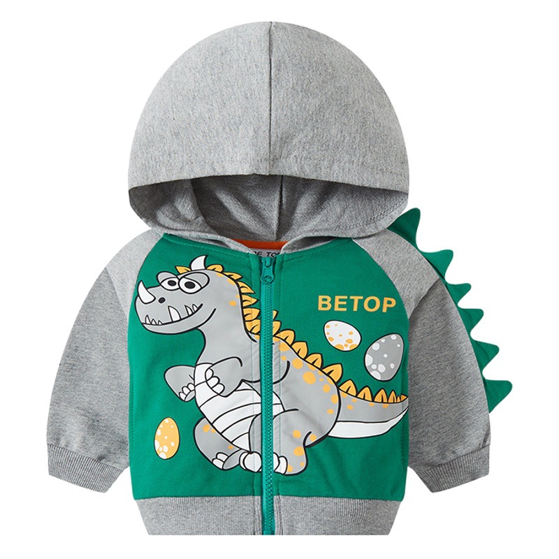 Estilo coreano niños dinosaurio impreso con capucha cremallera camisa suéter de los niños abrigo de primavera de los niños nueva entrega de una sola pieza