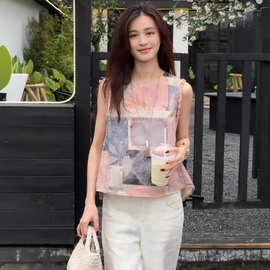 欧货夏季时尚设计感圆领无袖衬衫女油画背心小衫外穿洋气无袖上衣