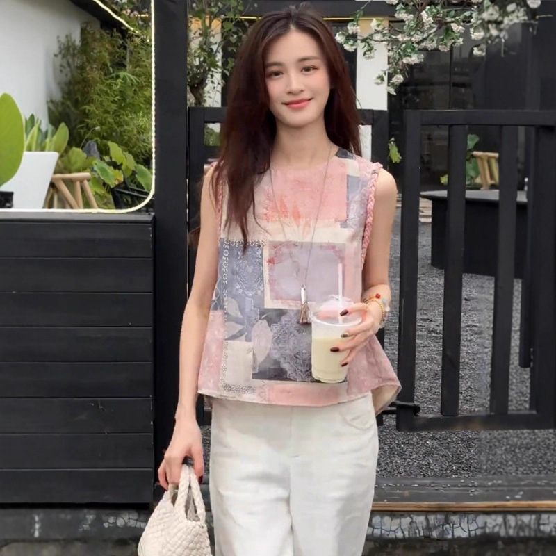 European Summer Fashion Design Round Neck Sleeveless Shirt Women's Oil Painting Vest Outer Wear Foreign Style Sleeveless Top