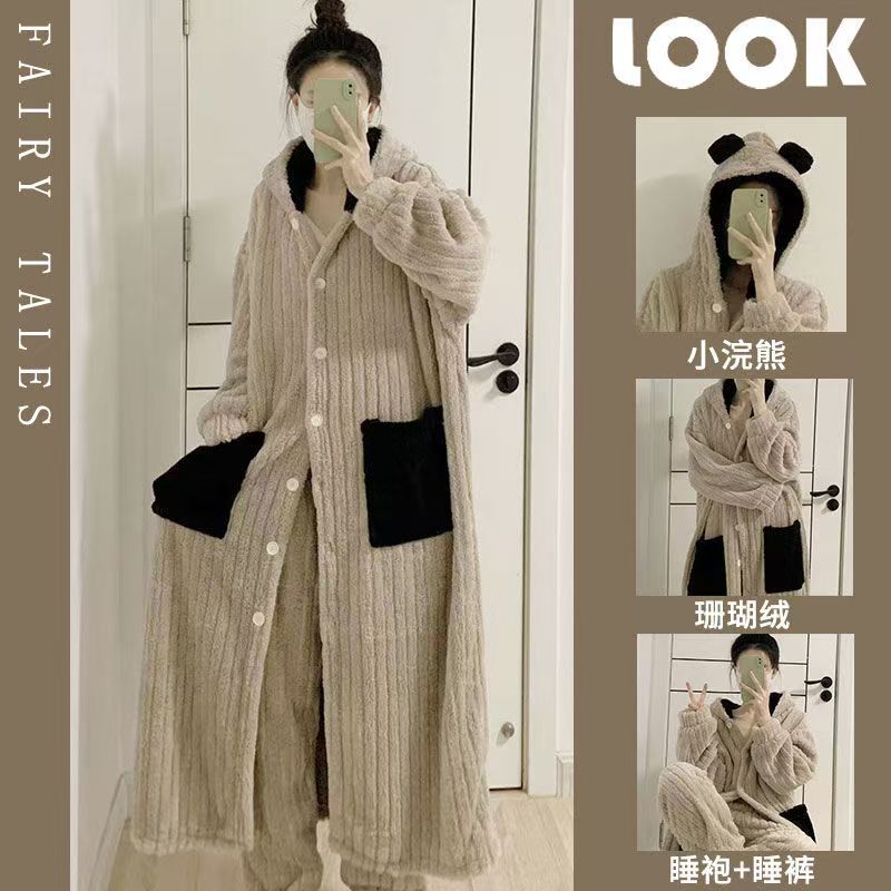 Korean-style minimalist brown pajama set, coral fleece mid-length robe with hood, two-piece set, can be worn as home clothes Korean-style minimalist brown pajama set, coral fleece mid-length robe with hood, two-piece set, can be worn as home clothes