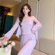 Pajamas women's spring and autumn modal cotton pit comfortable long-sleeved trousers sling three-piece set with chest cotton home wear