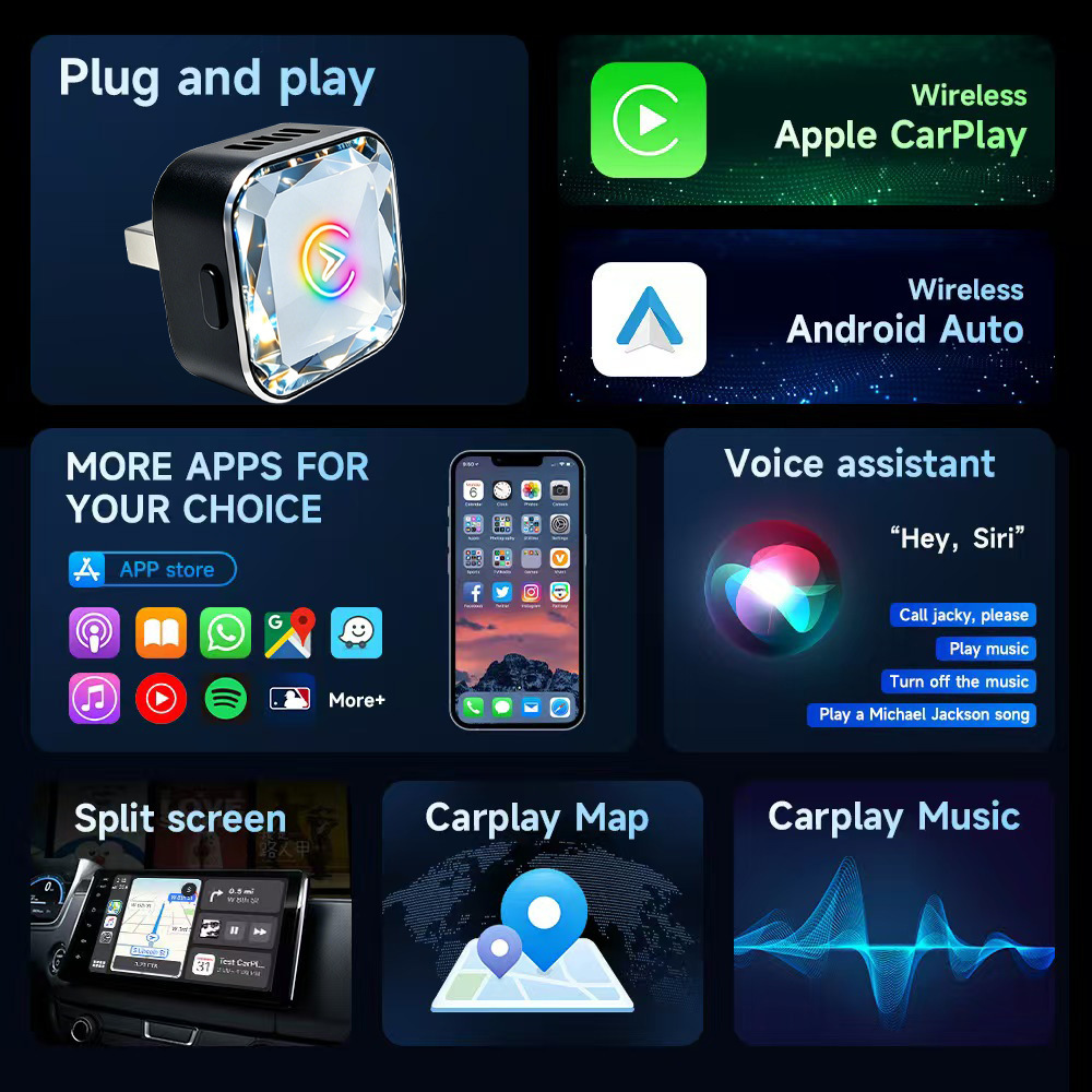 Cross-Border Popular Car-Mounted Wireless Carplay Adapter Android Auto 2-in-1 Wired to Wireless Adapter