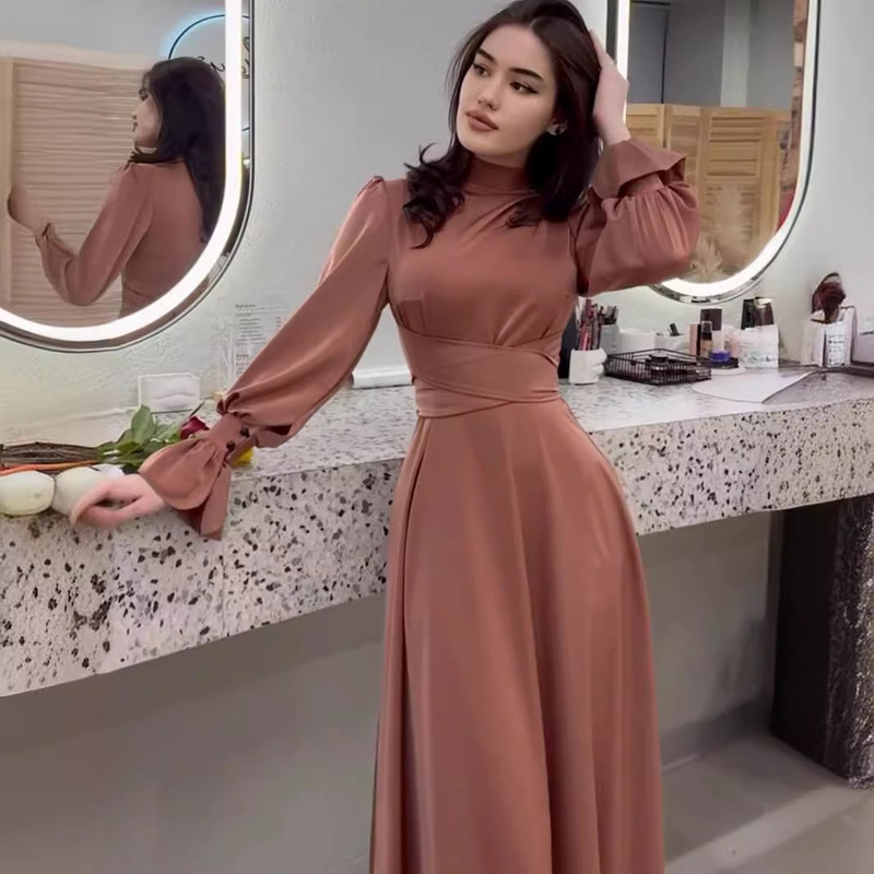 European and American Style Amazon Waist-Cinching Dress Cross-Border Women's Fashion 2025 Foreign Trade Elegant Satin Long-Sleeve Spring Black Dress
