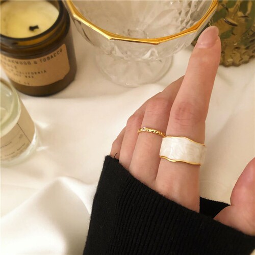 Gentle Cream Color ~ French Vintage Drip Gold Edge Bread Shape Handmade Enamel Ring for Women - INS  New Arrival