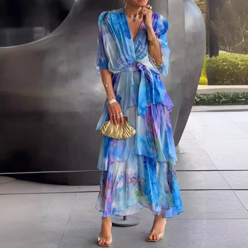 2024 New Cross-Border European and American Amazon Independent Store Printed Layered Dress, Fairy-Like and Fashionable