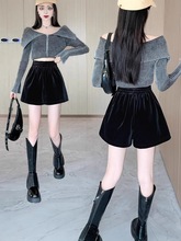 丝绒外穿松紧腰黑色短裤女靴裤2024新款a字加厚裤子早秋宽松阔腿