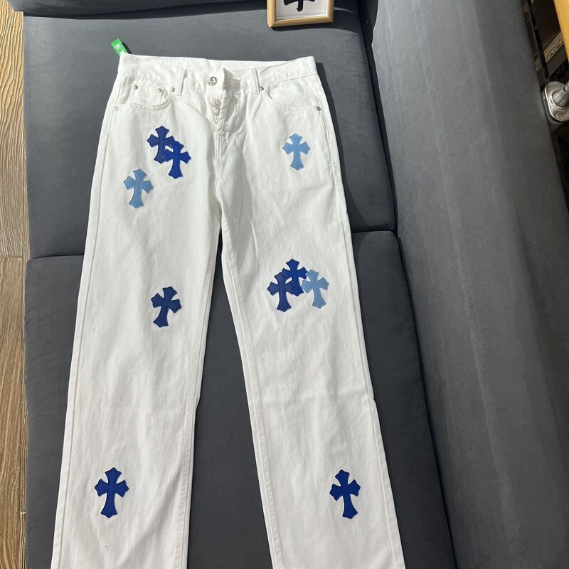 American-Style Chrome Hearts Cross-Pattern Trendy Jeans for Men and Women, Washed Loose Straight-Leg Casual Pants