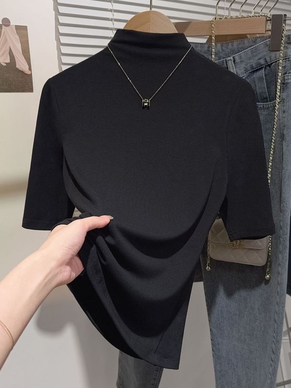 右肩黒ハーフタートルネックミッドスリーブTシャツ女性用2025早春インナーリブニットボトムシャツ七分袖トップ|undefined