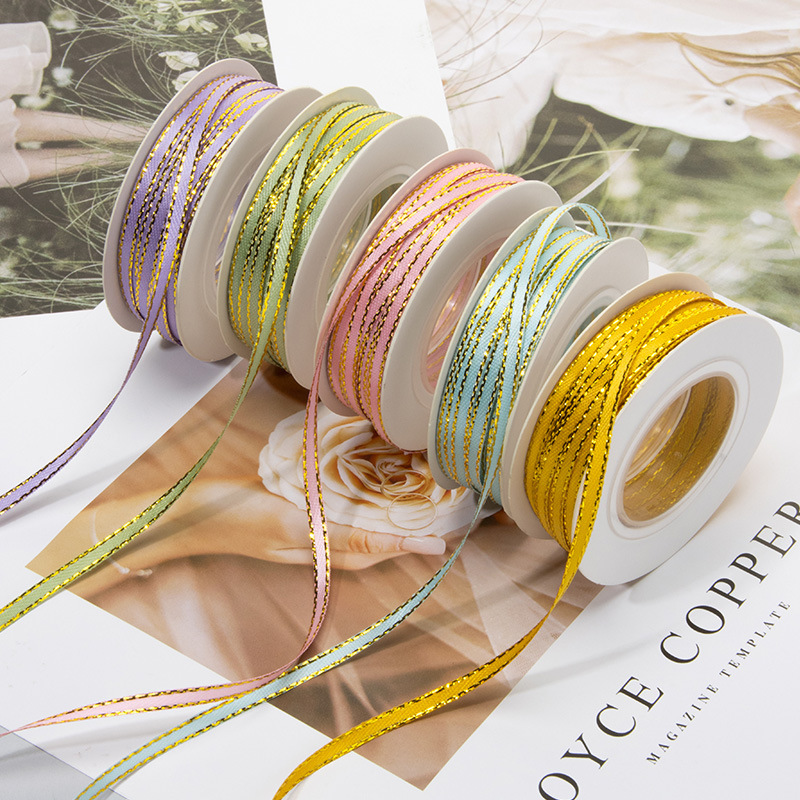 3mm Gold-Edged Double-Sided Polyester Ribbon, Versatile Macaron Color Ribbon for Flower Packaging, Cake Wrapping, and Decoration