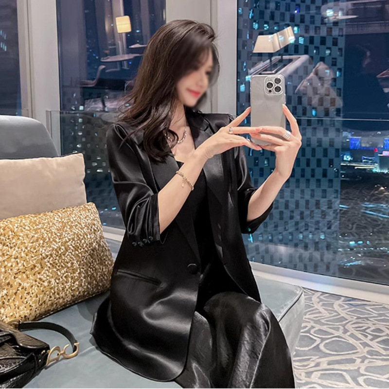 Xz110B Plus Size Women's Thin Suit Satin Fat mm Elastic Three-Quarter Sleeve Suit Sun Protection Shirt Jacket