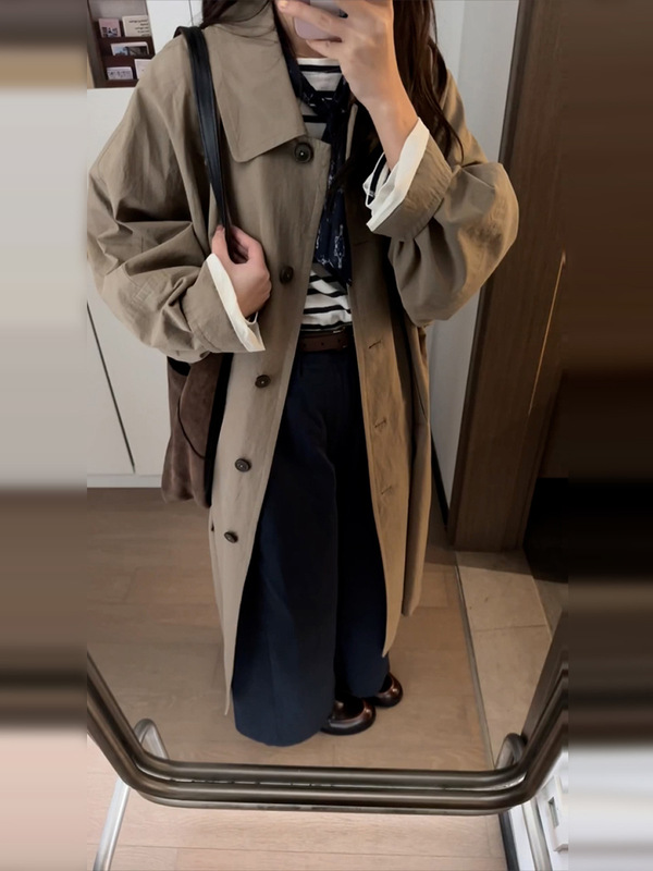 韩系感卡其色长款风衣外套女早秋季2025新款小个子中长款大衣|undefined