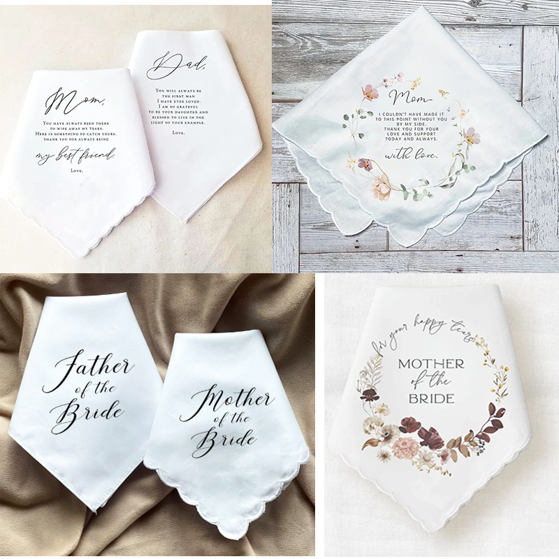 Cross-Border Exclusive Wedding Parent Gratitude Crescent Tea Towel Mom Dad Emotional Blessing Square Towel Wedding Commemorative Handkerchief