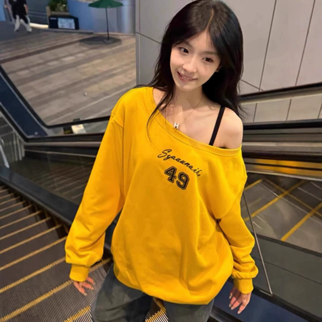 Guochao бренд американский ретро желтые буквы косыми плечами свитер женская свободная ленивая повседневная одежда