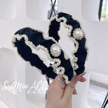 韩版新款褶皱珍珠宽边发箍跨境春夏镶钻蝴蝶结发捆发窟头箍发饰女