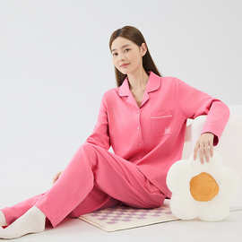 猫人女士睡衣纯棉圆领纯色简约舒适外穿热卖款长袖家居服一件代发