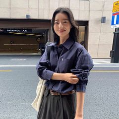 MOXI 十三行女装秋季新款女式衬衫女慵懒宽松格子绣花衬衣上衣女