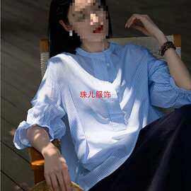 设计通勤圆领半衬衣衬衫设计灯笼袖开襟圆领闲修饰