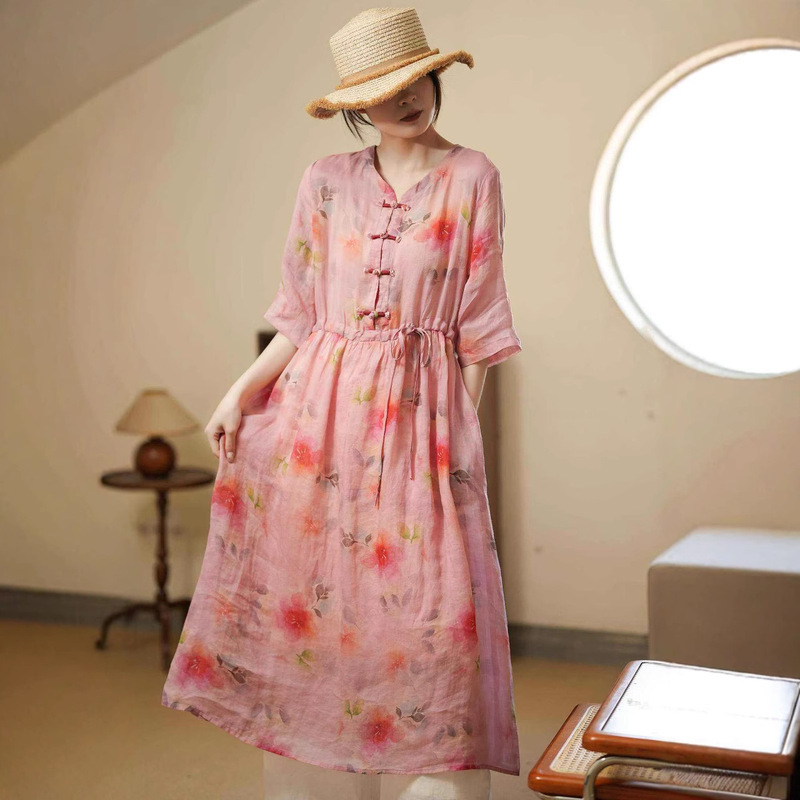 2025 Summer Ethnic Style Small Floral Round Neck Five-Sleeve Waist Dress Fully Hemmed Ramie Temperament A-Line Skirt 2025 Summer Ethnic Style Small Floral Round Neck Five-Sleeve Waist Dress Fully Hemmed Ramie Temperament A-Line Skirt