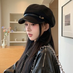 日系复古文艺风黑色鸭舌贝雷帽女休闲百搭气质显脸小八角云朵帽子